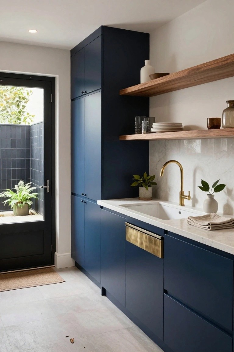 Modern kitchen interior with tall and base navy blue cabinets, white marble countertops, gold brass faucet and hardware, wood open shelves displaying dishes and plants, and glass door to outdoor patio area.