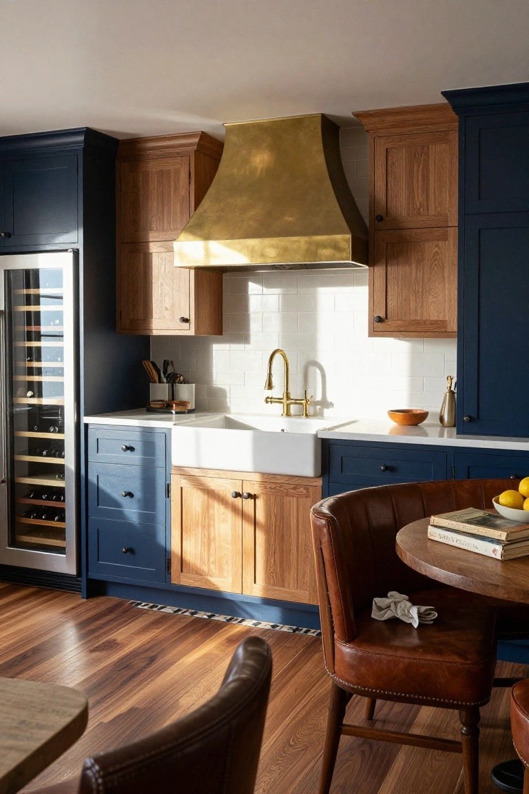 Kitchen with navy blue lower cabinets and base, light oak upper cabinets, brass curved range hood, white subway tile backsplash, white farmhouse sink with gold faucet, glass-front wine cooler, leather tub chair at round wood table on hardwood floors.