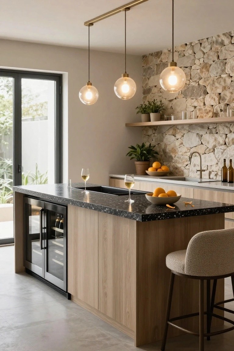 Modern kitchen island bar made of light wood cabinets with integrated double-door wine cooler, black speckled countertop holding wine glasses and oranges, three pendant lights, stone accent wall, and glass doors to outdoors.
