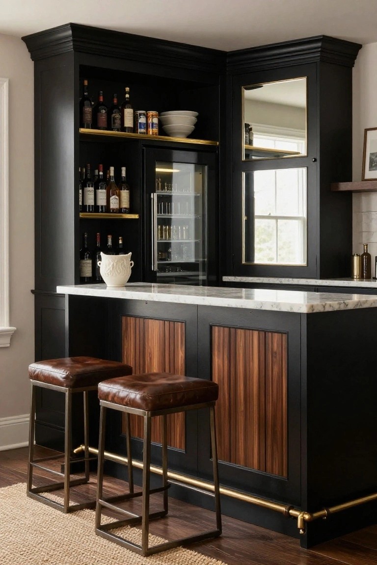 Corner indoor bar with black upper cabinets and shelving for wine bottles, glass-door wine fridge, white marble countertop, lower cabinets with vertical walnut wood slats, two brown leather stools on black metal frames, and brass foot rail.