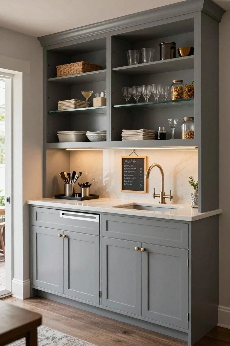 Gray shaker-style cabinetry forming a built-in bar unit with open shelves displaying glassware, dishes, jars, and utensils, white marble countertop with integrated sink and brass faucet, under-cabinet lighting, chalkboard menu sign, and wood flooring in a kitchen interior.
