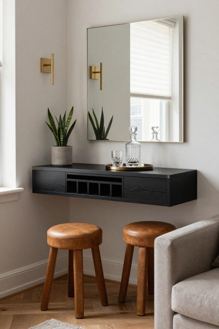 Corner of a light-walled room with black floating wall-mounted cabinet featuring wine storage slots, gold mirror above, two brown leather stools below, snake plant in gray pot, decanter set on tray, and gray sofa nearby on wood floor.