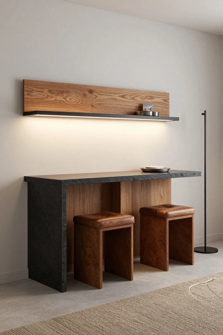 Contemporary indoor bar area with black stone countertop supported by oak wood panels, two brown leather stools, wall-mounted oak shelf with integrated LED lighting, and a black floor lamp on a light floor with beige rug.