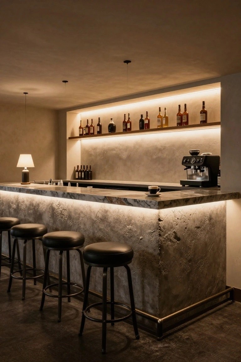 Modern home bar interior with textured gray concrete counter and base illuminated by LED strips, backlit shelves holding liquor bottles, black leather barstools, espresso machine, and small cup on the marble-topped surface.
