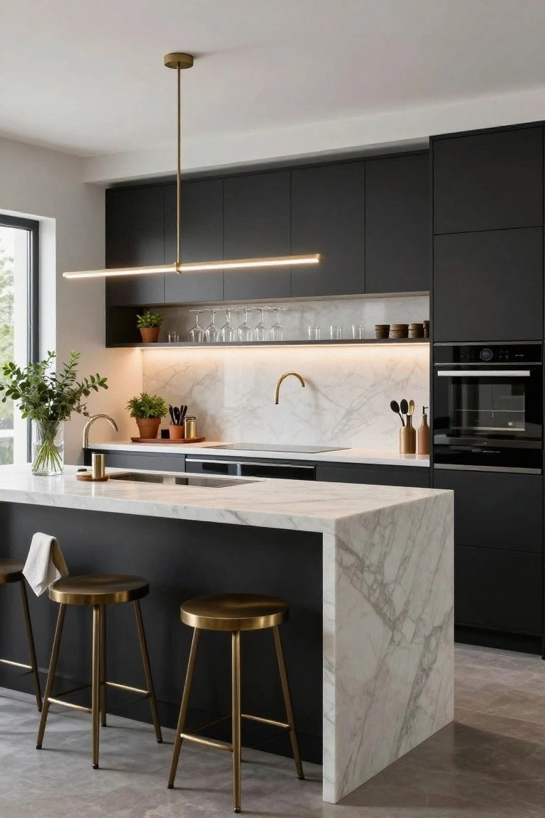 Contemporary Kitchen Bar with Brass Stools