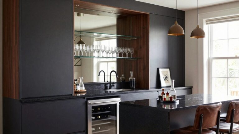20 Sleek Contemporary Bar Design Ideas For A Refined Look Contemporary interior bar vanity with dark gray cabinet containing stainless steel wine fridge, black granite sink, wood slat wall with mirror and glass shelves holding wine glasses and decanter, wooden tray with bottles, and black metal stool with leather seat.