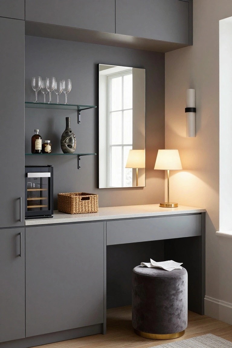 Modern interior with tall matte gray cabinets, floating glass shelves holding wine glasses bottles and vase, black wine cooler, white quartz countertop as vanity with papers and stool, mirror, lamps, and window.