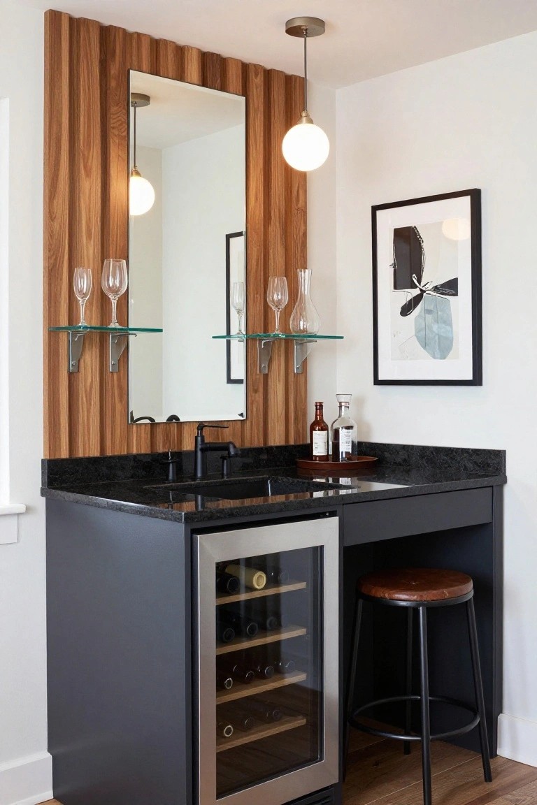 Contemporary interior bar vanity with dark gray cabinet containing stainless steel wine fridge, black granite sink, wood slat wall with mirror and glass shelves holding wine glasses and decanter, wooden tray with bottles, and black metal stool with leather seat.