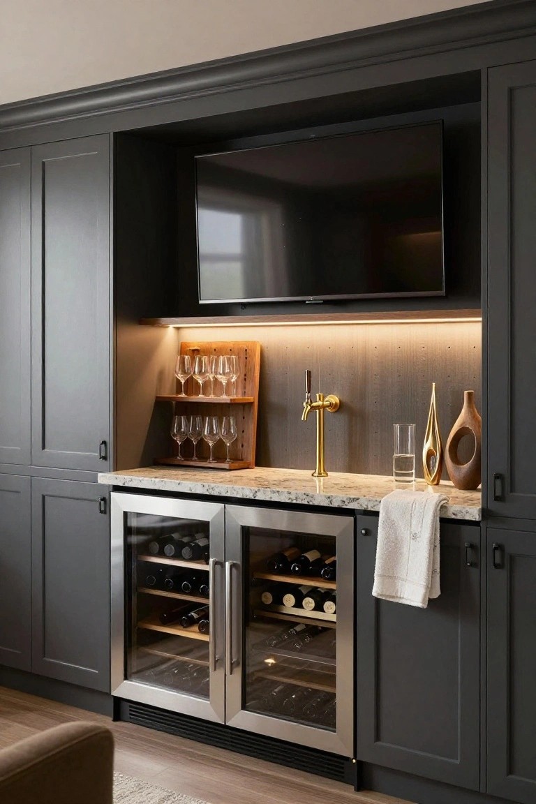 Modern interior bar area with dark gray cabinets, double glass-door wine refrigerator stocked with bottles, gold beer tap, wooden stemware rack, LED backlighting, mounted TV, and quartz countertop.