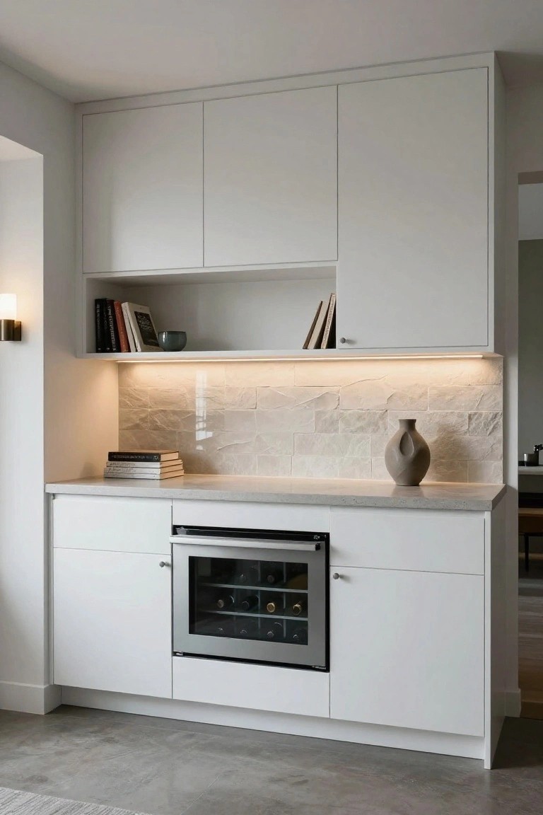 Contemporary white kitchen cabinets with built-in wine refrigerator in base unit, beige textured tile backsplash under LED lighting, open shelves with books, and countertop with stacked books and ceramic vase.