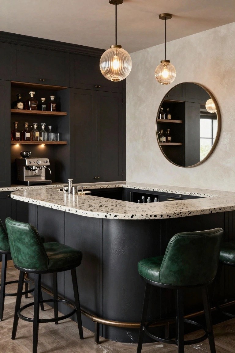 Contemporary indoor home bar with curved matte black cabinets, white terrazzo countertop with dark flecks, two green leather bar stools, globe pendant lights, backlit wooden liquor shelves, and an espresso machine.
