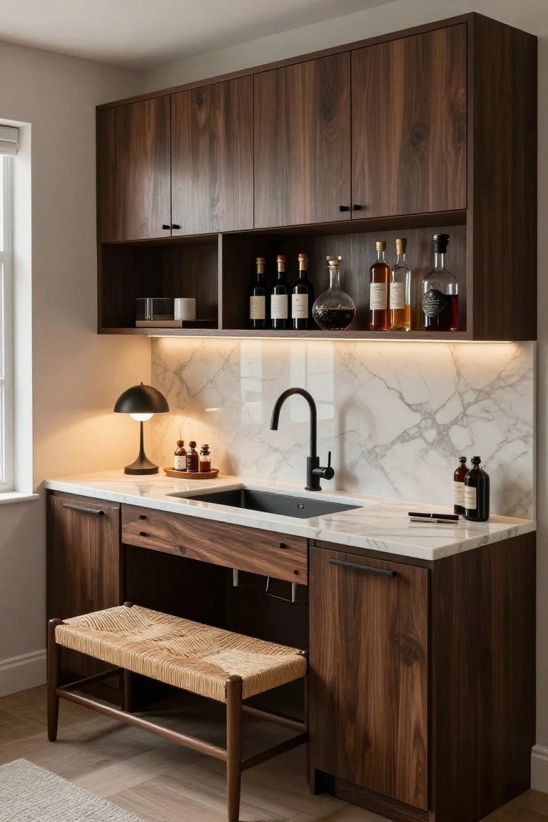 Contemporary wet bar area with tall walnut cabinets, open upper shelving holding liquor bottles, white marble countertop and backsplash, black matte faucet and lamp, and a rattan stool.