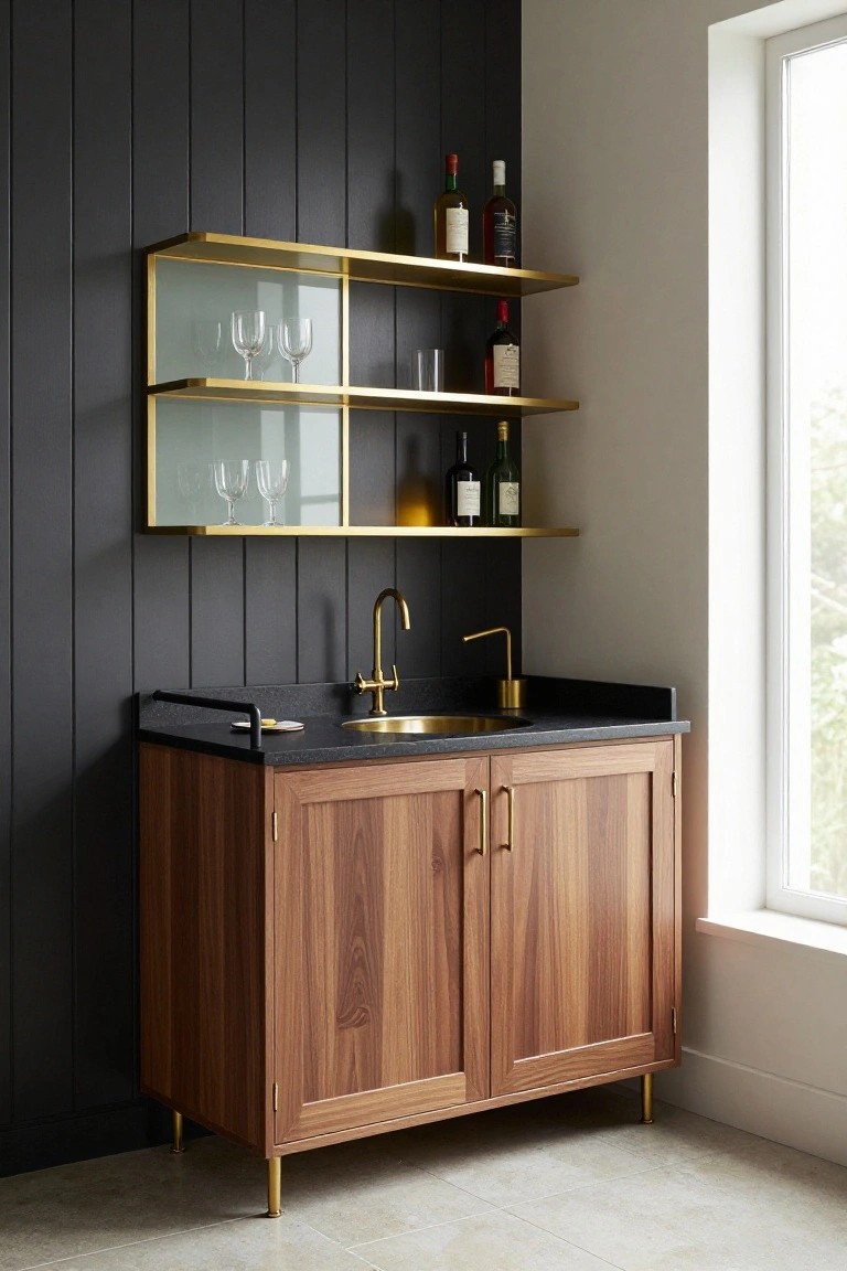 Corner wet bar with walnut wood cabinets on brass legs, black granite countertop, gold sink and faucet, floating brass shelves holding wine bottles and glasses, against dark vertical wood wall paneling near a window.