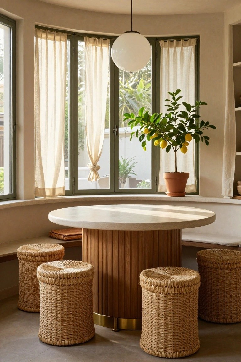 Curved beige interior room featuring a round white stone-topped wooden pedestal table with four surrounding woven rattan stools, large windows with sheer curtains, a potted lemon tree on the sill, and a white globe pendant light overhead.