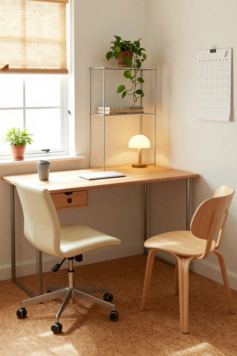 Bright corner home office with light wood desk on thin metal legs, white leather swivel chair, wooden side chair, potted plants, metal shelf unit, table lamp, gray mug, laptop, bamboo blinds, and wall calendar on white walls with cork floor.