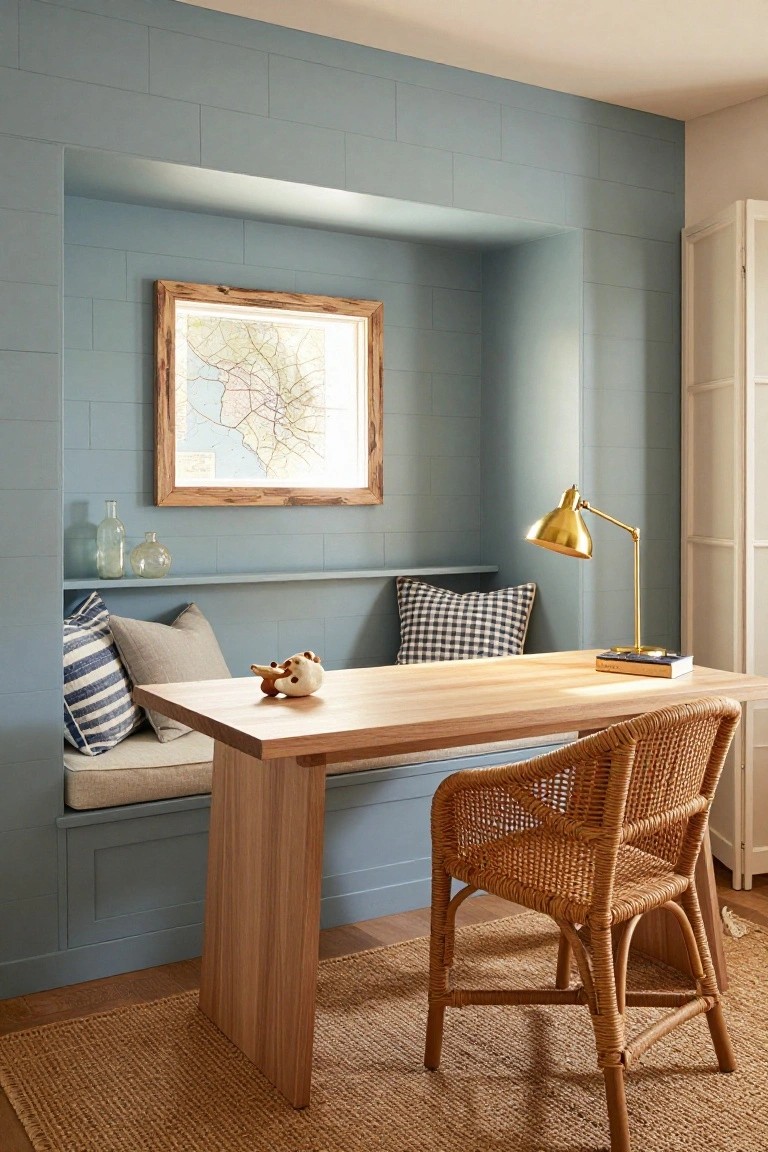 Blue tiled alcove office nook with built-in cushioned bench, wooden desk extending from bench, rattan armchair, gold desk lamp, framed map on wall, and glass vases on shelf.