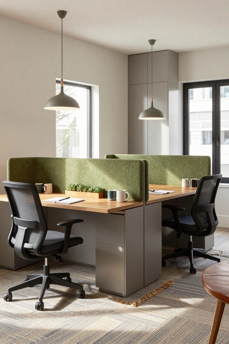 Modern interior office setup with two wooden desks positioned back-to-back and divided by tall green fabric panels, black mesh chairs, pendant lights overhead, potted succulents, and a side table nearby.