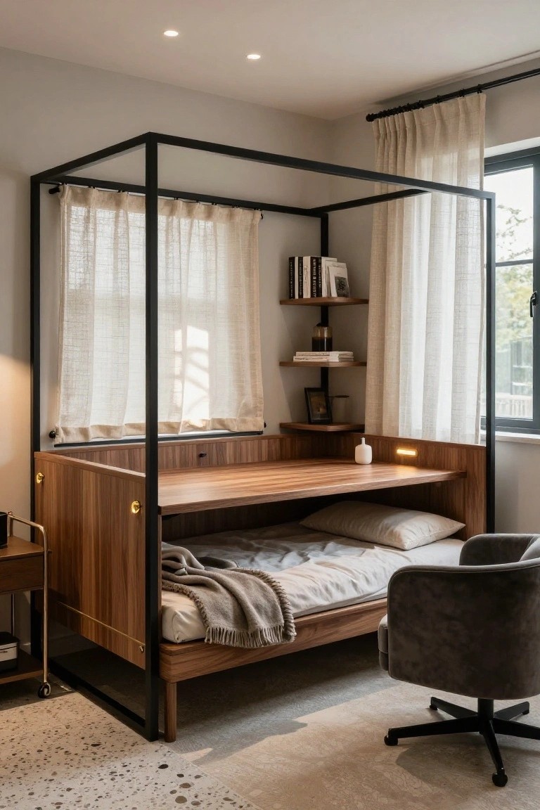 Modern bedroom office corner featuring a black metal canopy frame around a walnut wood bed with integrated desk surface, built-in shelves, task lamp, side table, and gray swivel chair on speckled tile floor.