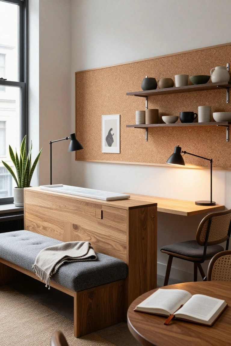 Home office nook featuring a wooden built-in bench and desk divider, corkboard wall with ceramic vessels on shelves, two adjustable black desk lamps, potted snake plant by window, rattan chair at desk, and open book on round wooden side table.