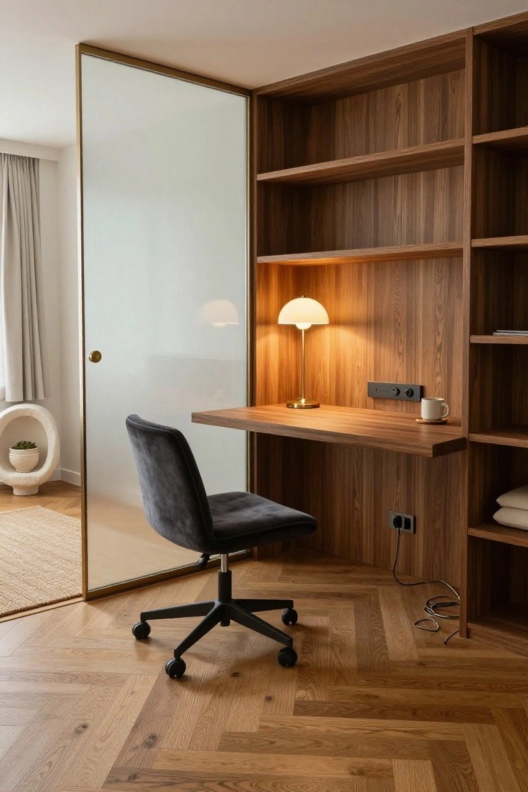 Corner home office with integrated wooden shelving unit, protruding desk surface, gray velvet office chair on wheels, opal glass lamp, power outlets in wood panel, frosted glass door, and herringbone oak flooring.