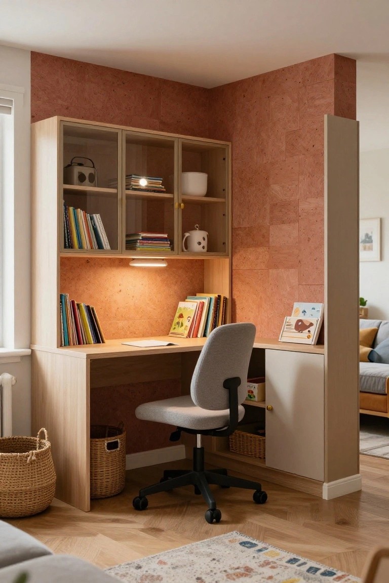 Corner wooden desk with gray swivel chair, light wood shelving units stocked with colorful books and storage bins, corkboard wall behind, LED strip lighting above desk, in a room with beige walls and hardwood floor.