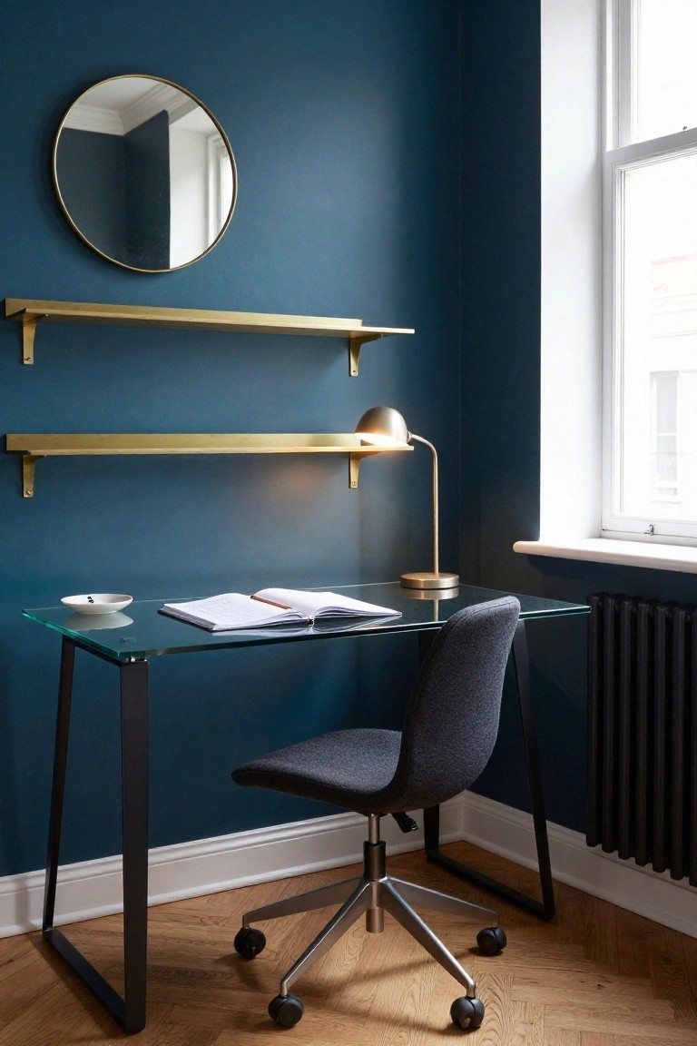 Home office corner with navy blue walls, gold round mirror, two brass floating shelves with lamp on upper one, glass desk holding open notebook and white bowl, black swivel chair, white window, black radiator, and parquet wood floor.