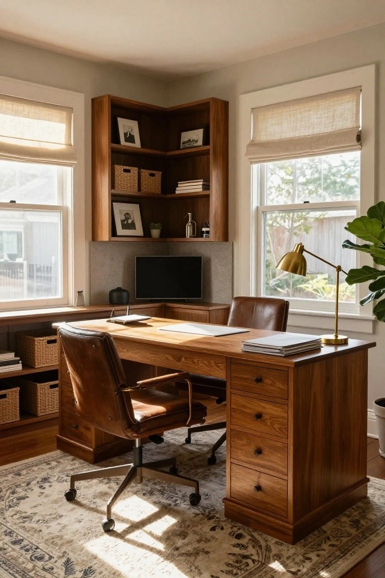 A corner home office with wooden desk, two leather armchairs, built-in wooden shelving on two walls, large windows with linen roman shades, potted plants, and a brass desk lamp.