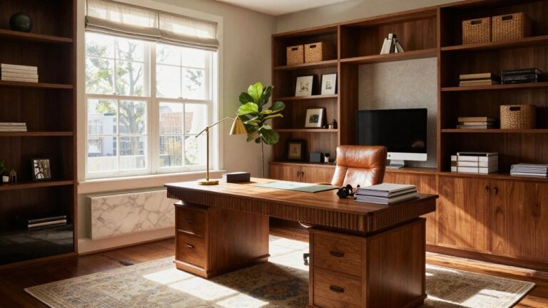 A corner home office with wooden desk, two leather armchairs, built-in wooden shelving on two walls, large windows with linen roman shades, potted plants, and a brass desk lamp.