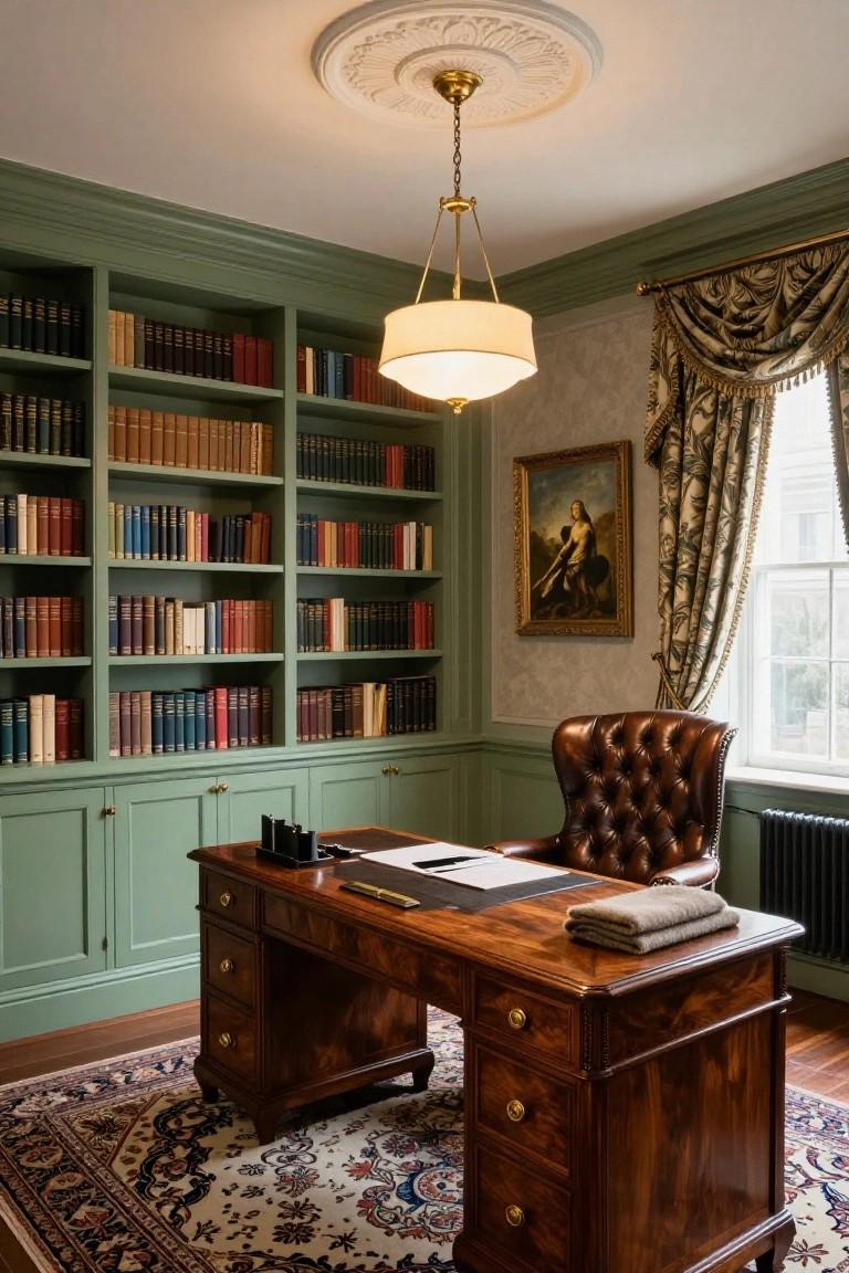 Green built-in bookshelves line the walls of a home office around a wooden desk and tufted leather armchair, with a chandelier overhead, draped window, and oriental rug on the floor.