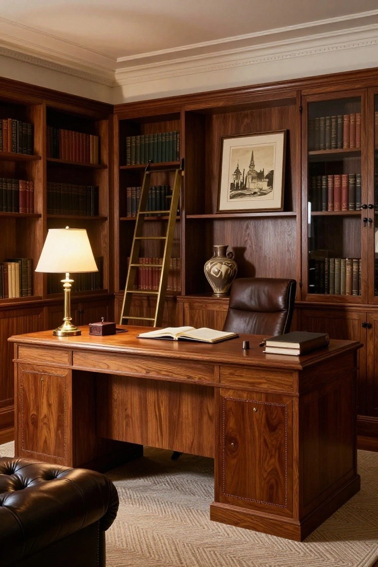 Wood-paneled home office featuring floor-to-ceiling bookshelves on three walls, a wooden desk with open book and lamp, leather office chair, library ladder, and painting of a church.