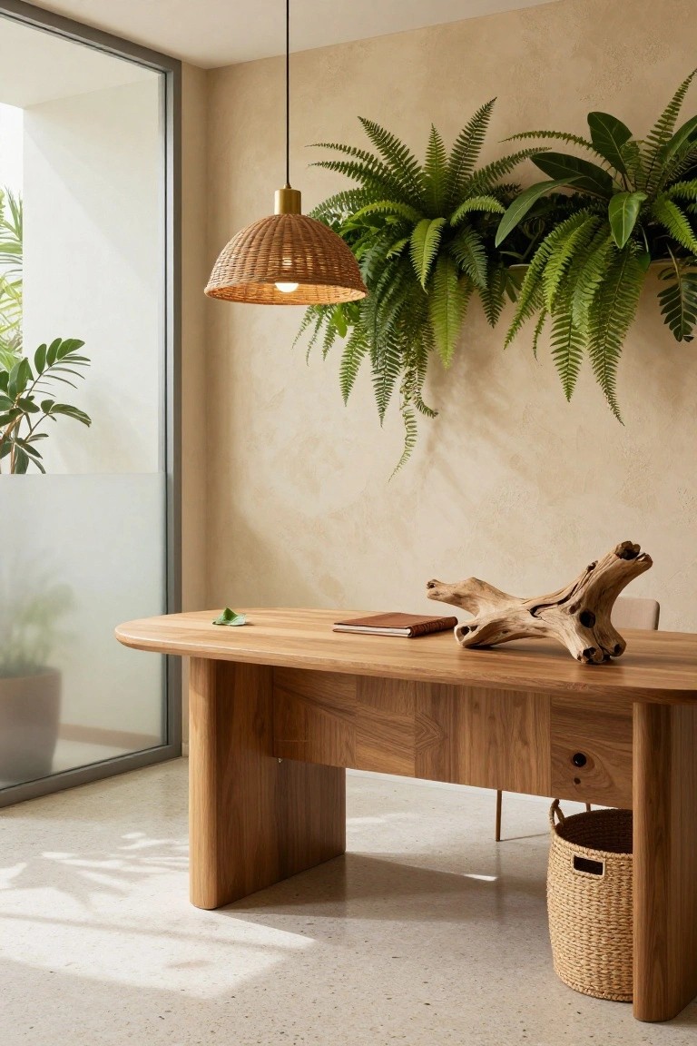 Oval wooden desk with driftwood sculpture and notebook in a room with wall-mounted ferns, potted plants, rattan pendant light, and large frosted glass window.