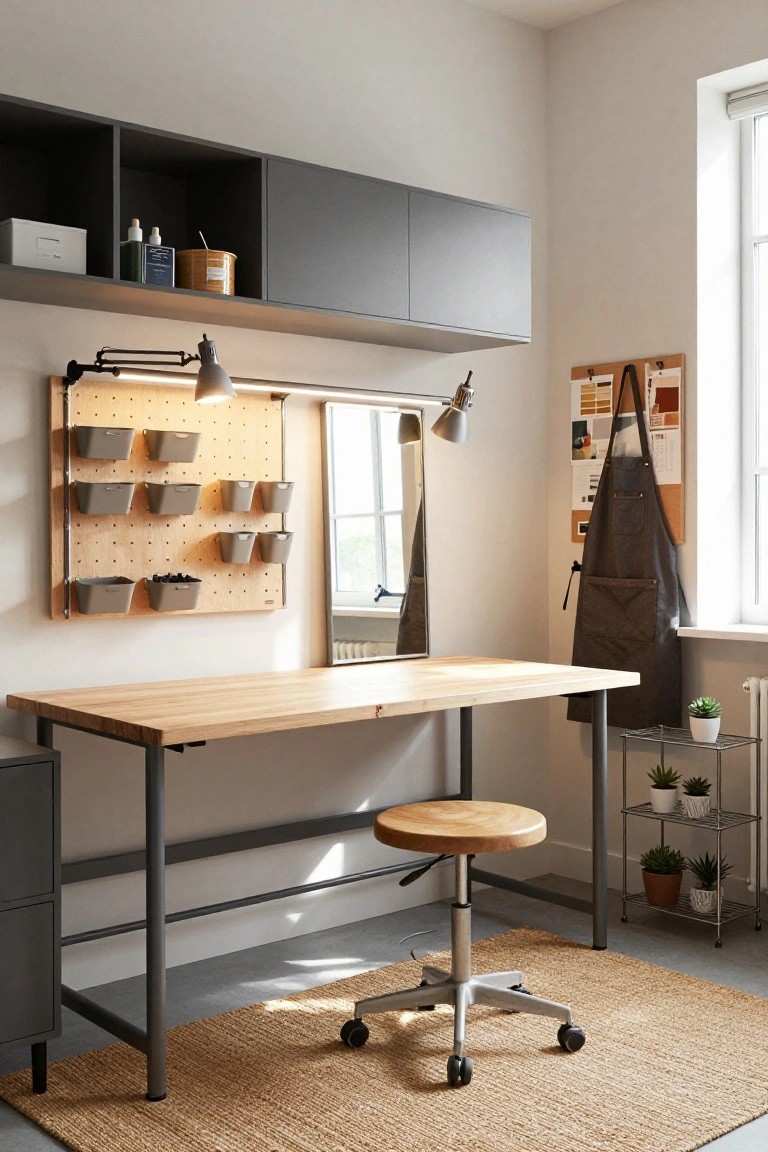 Home office with light wooden workbench desk on metal legs, pegboard wall with gray bins and hooks, overhead black cabinets, adjustable lamps, round wooden stool, metal plant shelf, and window with natural light.