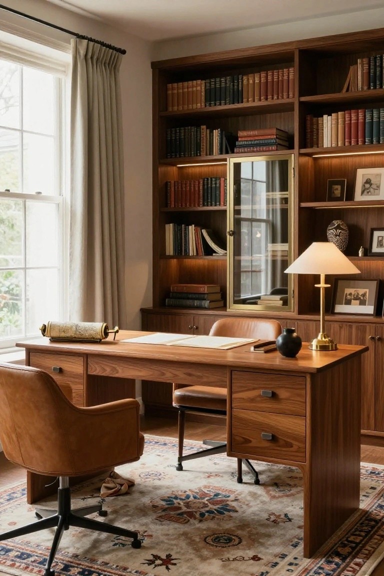 Wooden home office with tall bookshelves on three walls surrounding a wooden desk, two leather chairs, table lamp, black vase, rolled map, open papers, window with cream curtains, and patterned rug on floor.