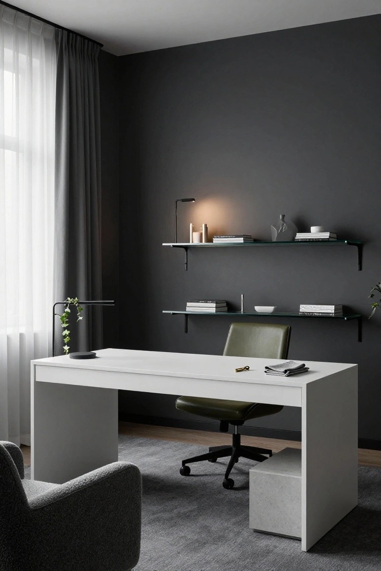 Modern home office with white slim-legged desk, green leather swivel chair, floating glass shelves on dark gray wall, desk lamp with ivy plant, and window with sheer gray curtains.