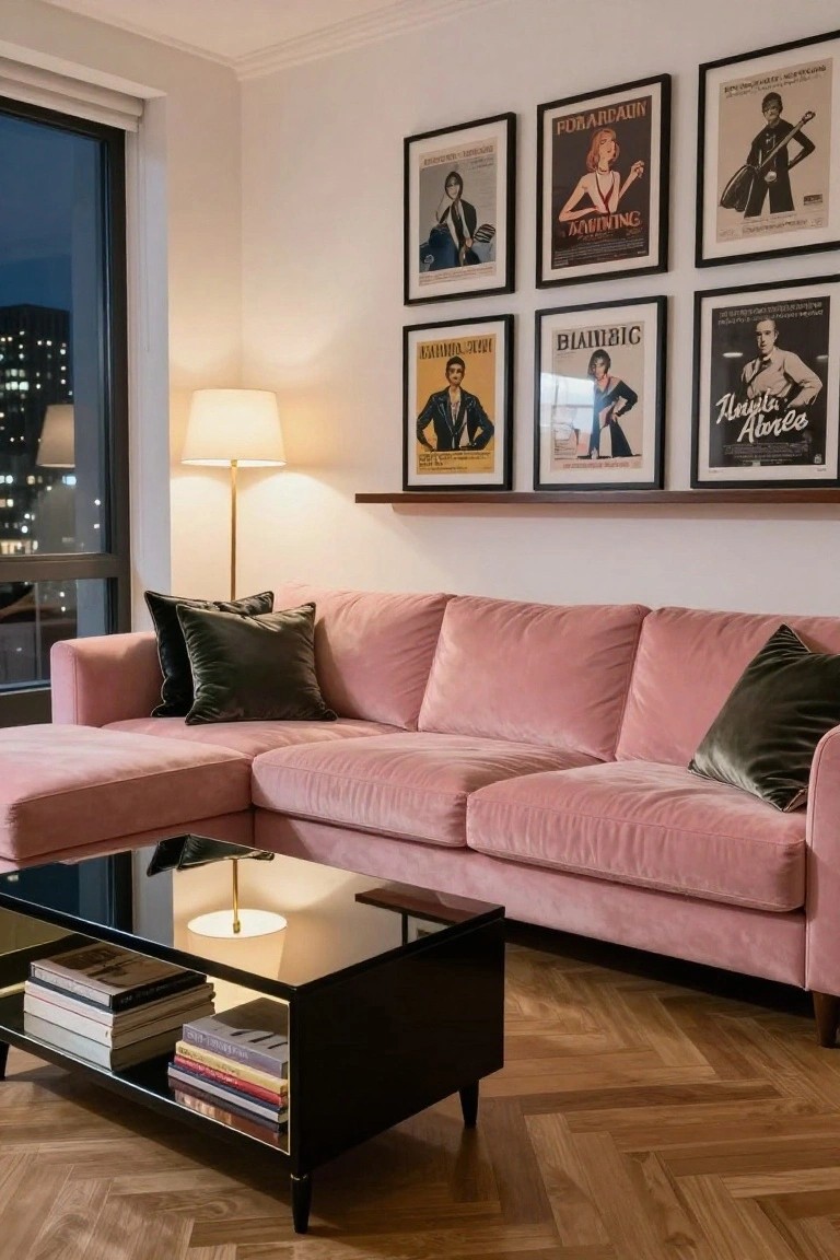 Blush pink L-shaped velvet sofa in a modern living room with black glass coffee table, books stacked on it, vintage posters on white walls, floor lamp, and large window showing city lights at night.