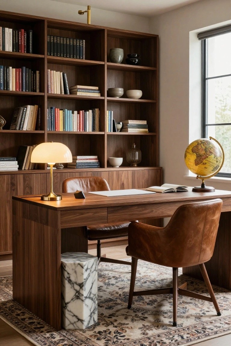 Walnut wood built-in bookshelves with integrated desk, open leather armchair, globe on desk, marble pedestal stool, and brass lamp in a light-filled room with window and rug.