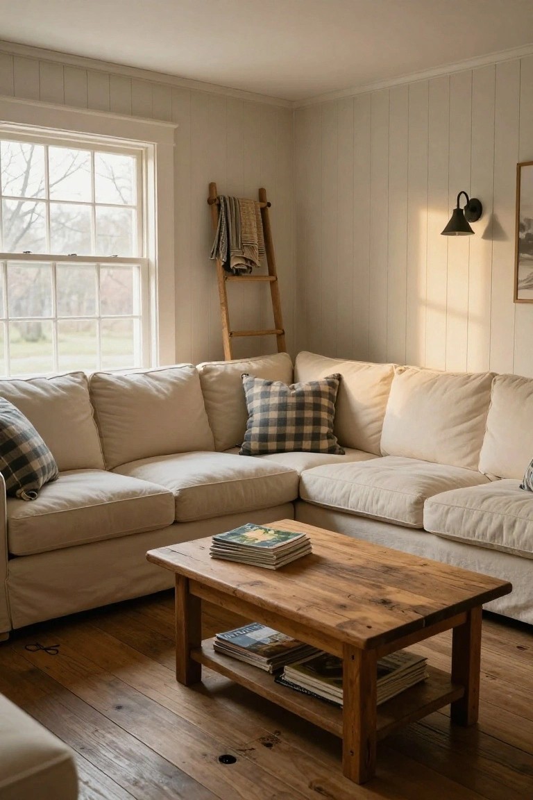 Cream L-shaped sofa in corner of white shiplap-walled living room with wooden coffee table holding books, wooden ladder holding blankets, black sconce on wall, and large window showing trees outside.
