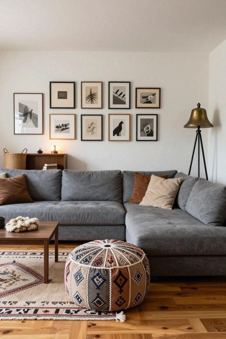 Gray L-shaped sectional sofa in a living room corner with assorted pillows, wooden coffee table holding a wool ball and mug, colorful patterned pouf ottoman, woven rug on hardwood floors, wall art gallery, brass floor lamp, and woven basket near wooden shelves.