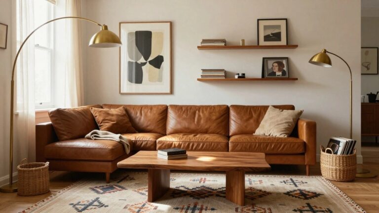 A tan L-shaped leather sofa in a light-walled living room with a live-edge wood coffee table, patterned rug, gold arched floor lamp, abstract framed artwork, woven basket of records, and window with shade.