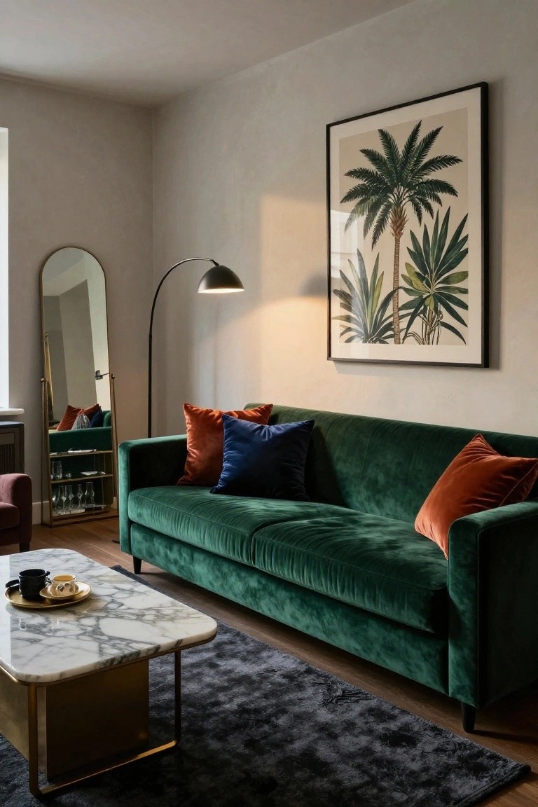 A cozy living room corner with an emerald green velvet L-shaped sofa piled with orange and blue pillows, a white marble coffee table holding cups, a gold-framed full-length mirror, black arched floor lamp, and large framed botanical print of palms on the wall.