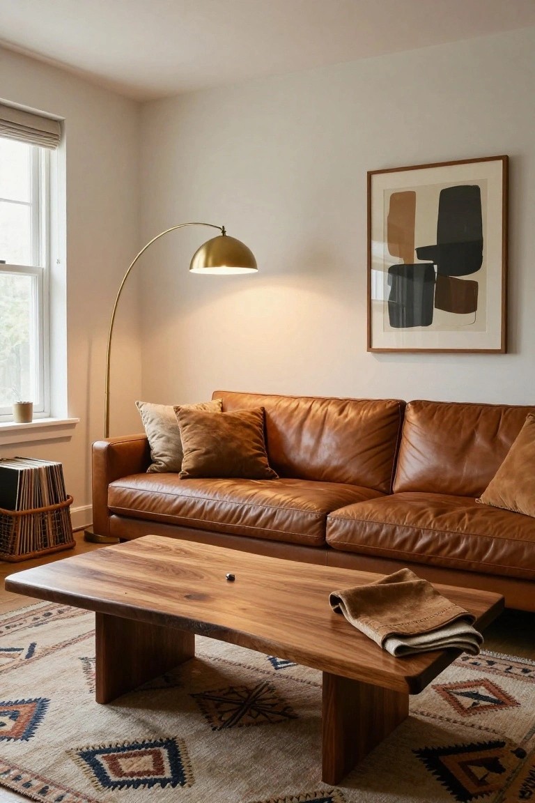 A tan L-shaped leather sofa in a light-walled living room with a live-edge wood coffee table, patterned rug, gold arched floor lamp, abstract framed artwork, woven basket of records, and window with shade.