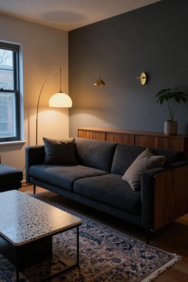 Modern living room with dark gray L-shaped fabric sofa against a wood credenza, terrazzo coffee table on a patterned rug, arc floor lamp, and wall-mounted sconces.