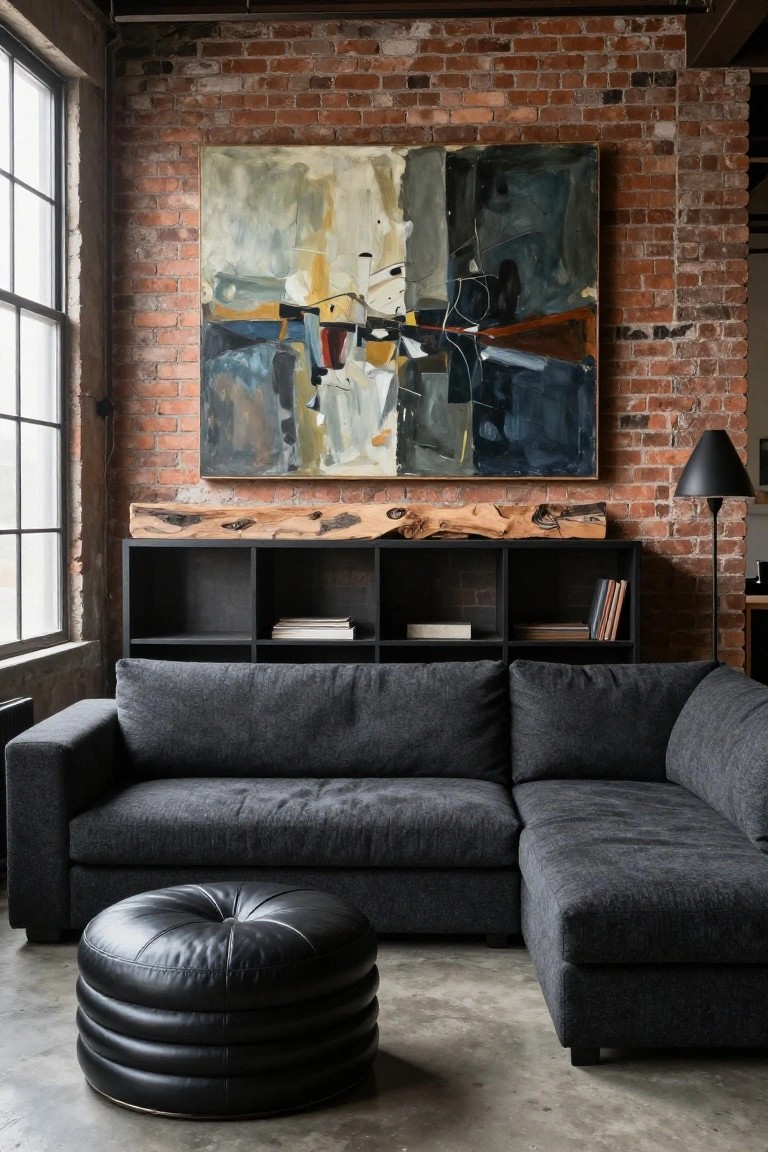 Dark gray L-shaped fabric sofa in corner of industrial living room with exposed brick walls, large abstract painting, black wooden shelving unit topped with wood slab, black leather pouf ottoman, black floor lamp, and large multipane windows.