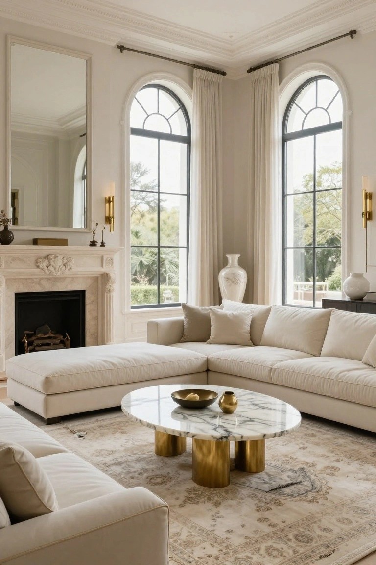 Beige L-shaped sectional sofa positioned in a corner of a light living room with a carved stone fireplace, arched black-framed windows with cream drapes, gold wall sconces, a round marble coffee table with brass legs on a patterned rug, and large white vases nearby.