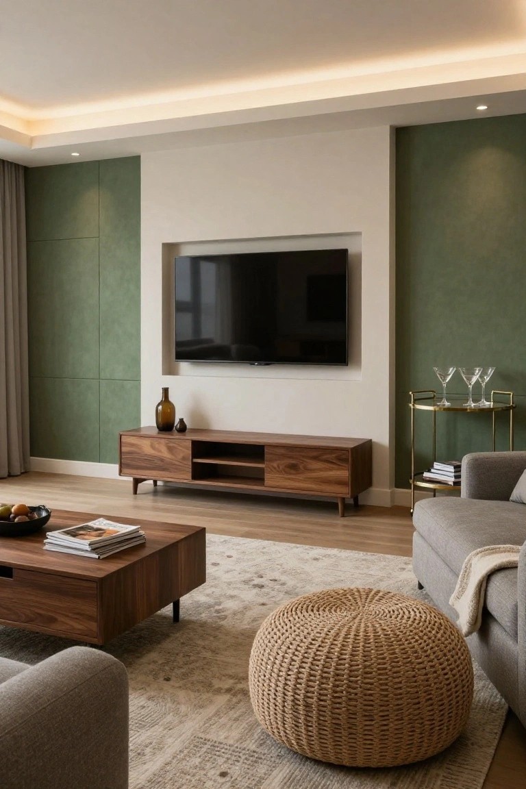 Modern living room with light gray L-shaped sofa, wooden coffee table and media console, rattan pouf on patterned rug, green textured accent wall, and wall-mounted TV.