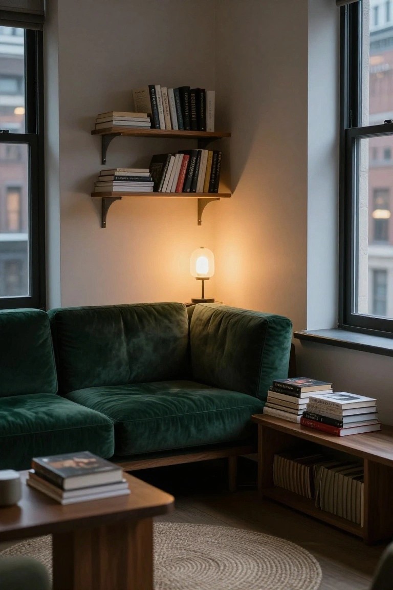 Corner of a living room with a green velvet L-shaped sofa, wooden wall shelves holding books, a table lamp, low wooden coffee table with stacked books, and large windows overlooking a city view.