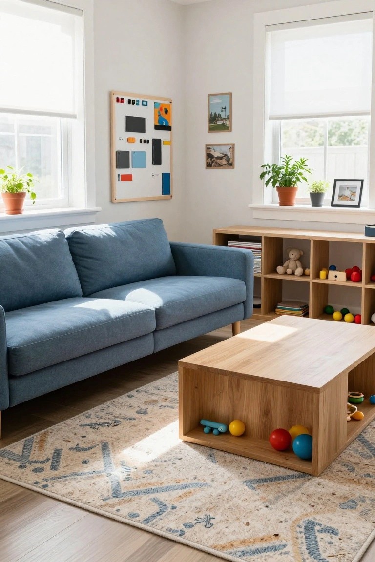 Bright indoor living room with blue fabric sofa, wooden coffee table containing toys, open bookshelves with stuffed animals and balls, potted plants, and artwork on white walls near large windows with shades.