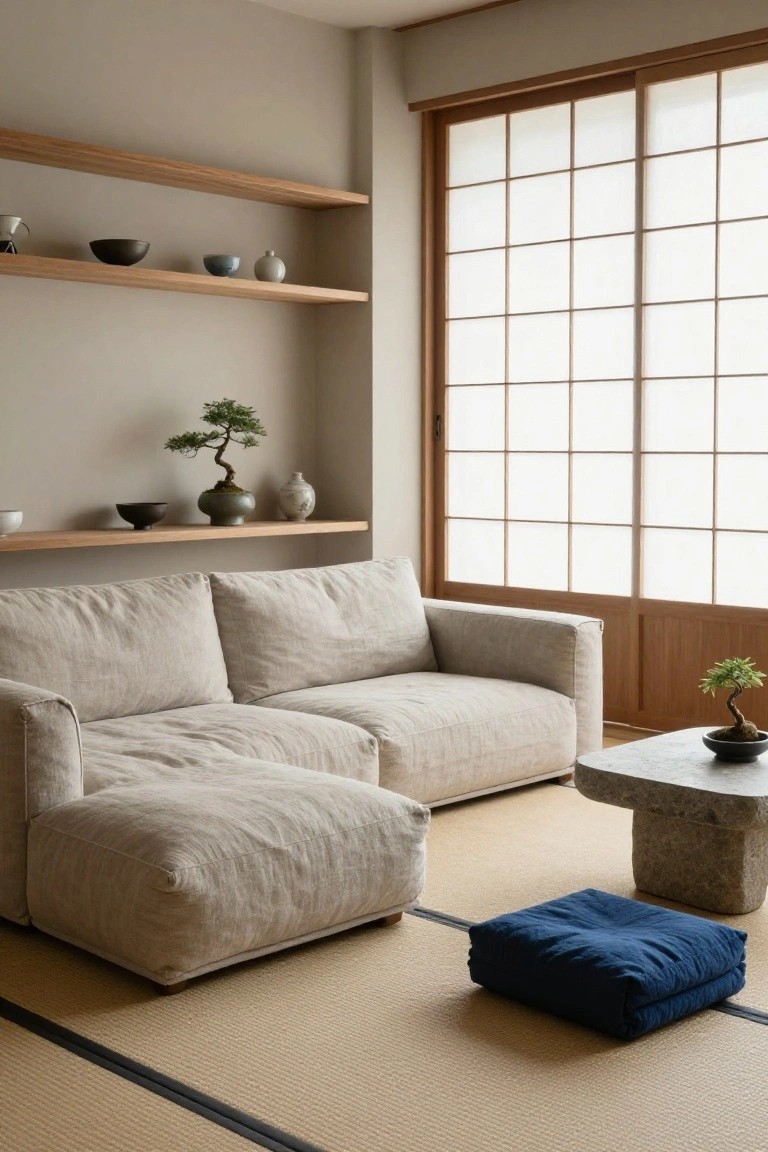 Beige L-shaped linen sofa on tan tatami mats in a minimalist room with wooden shelves displaying ceramics and bonsai trees, shoji sliding doors, a stone low table, and a blue floor cushion.