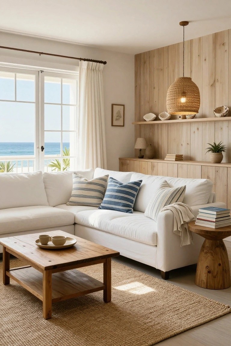 White L-shaped sofa with blue striped pillows in a living room featuring light wood paneled walls, wooden coffee table, rattan pendant light, shelves, and large windows overlooking the ocean and palm trees.