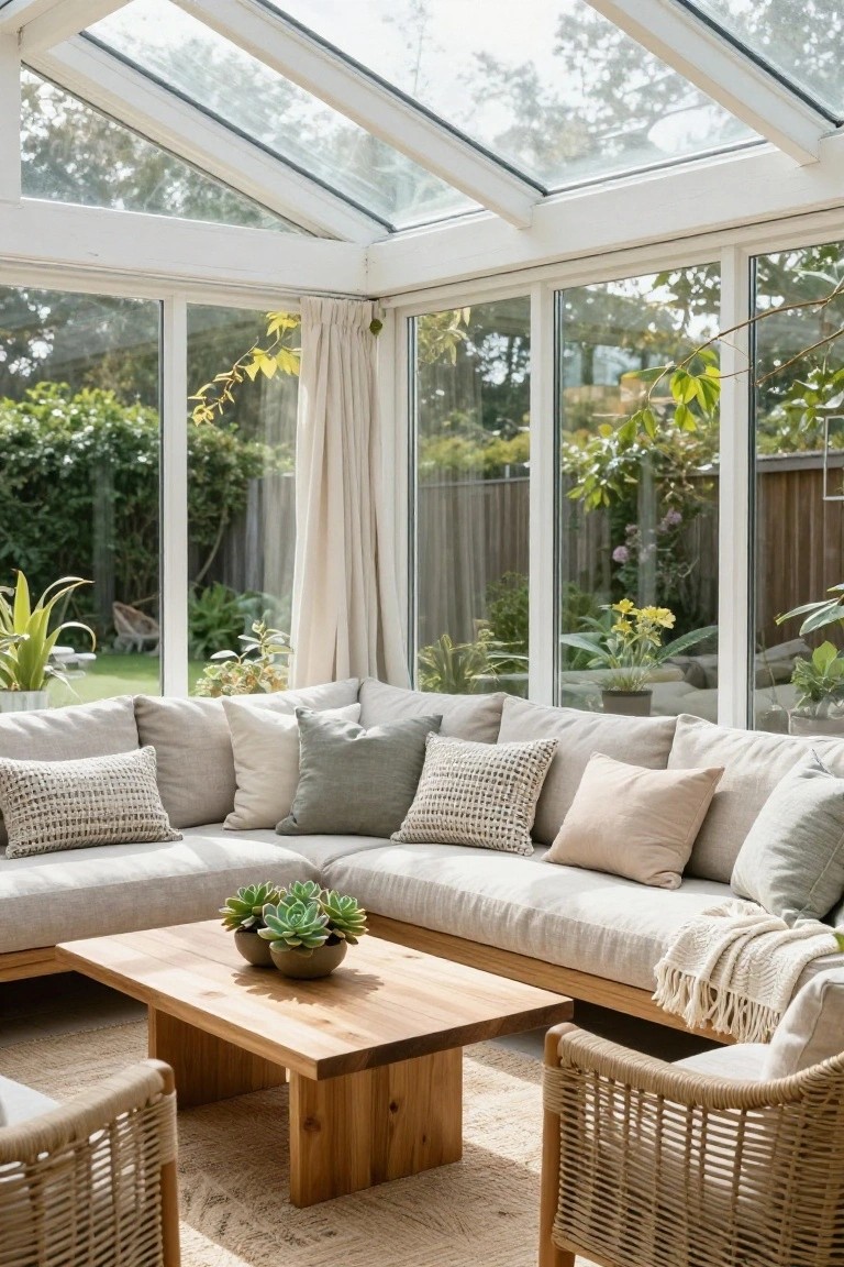 Beige L-shaped sofa in corner of glass-walled sunroom with wooden coffee table holding succulents, two rattan armchairs, throw blanket on sofa, plants nearby, and lush garden visible through windows.